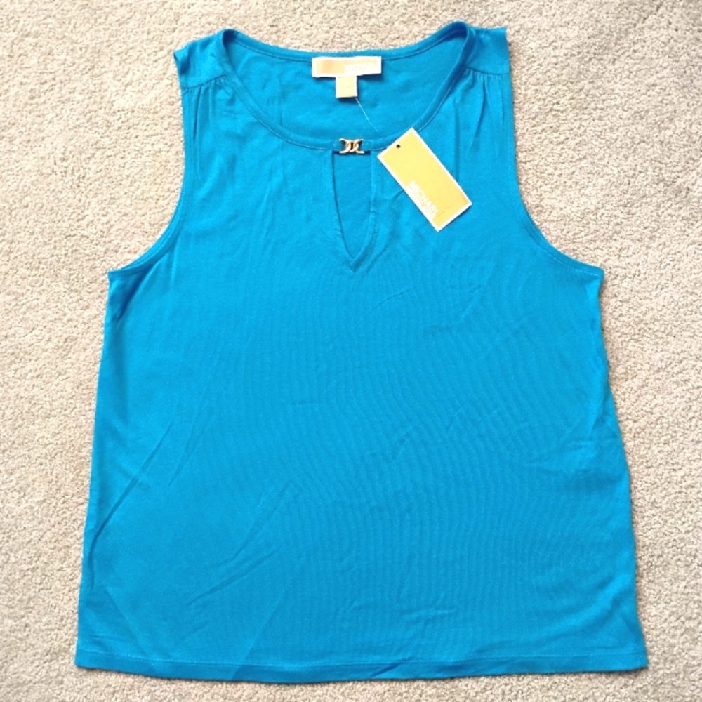NWT S Michael Kors Turquoise Blue Sleeveless Keyhole Neck Top NEW